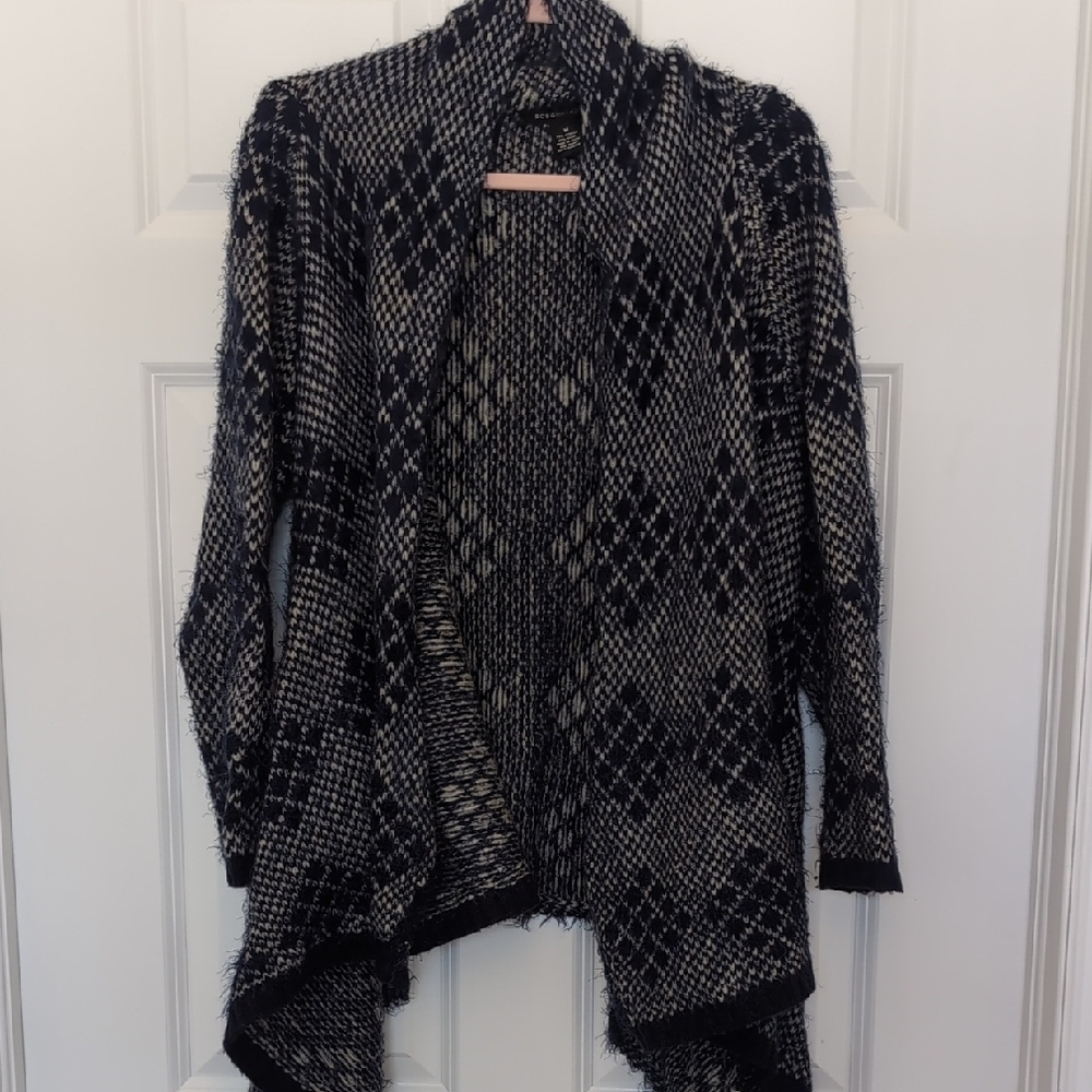 BCBGMaxAzria Black and White Cardigan Sweater with Waterfall Drape